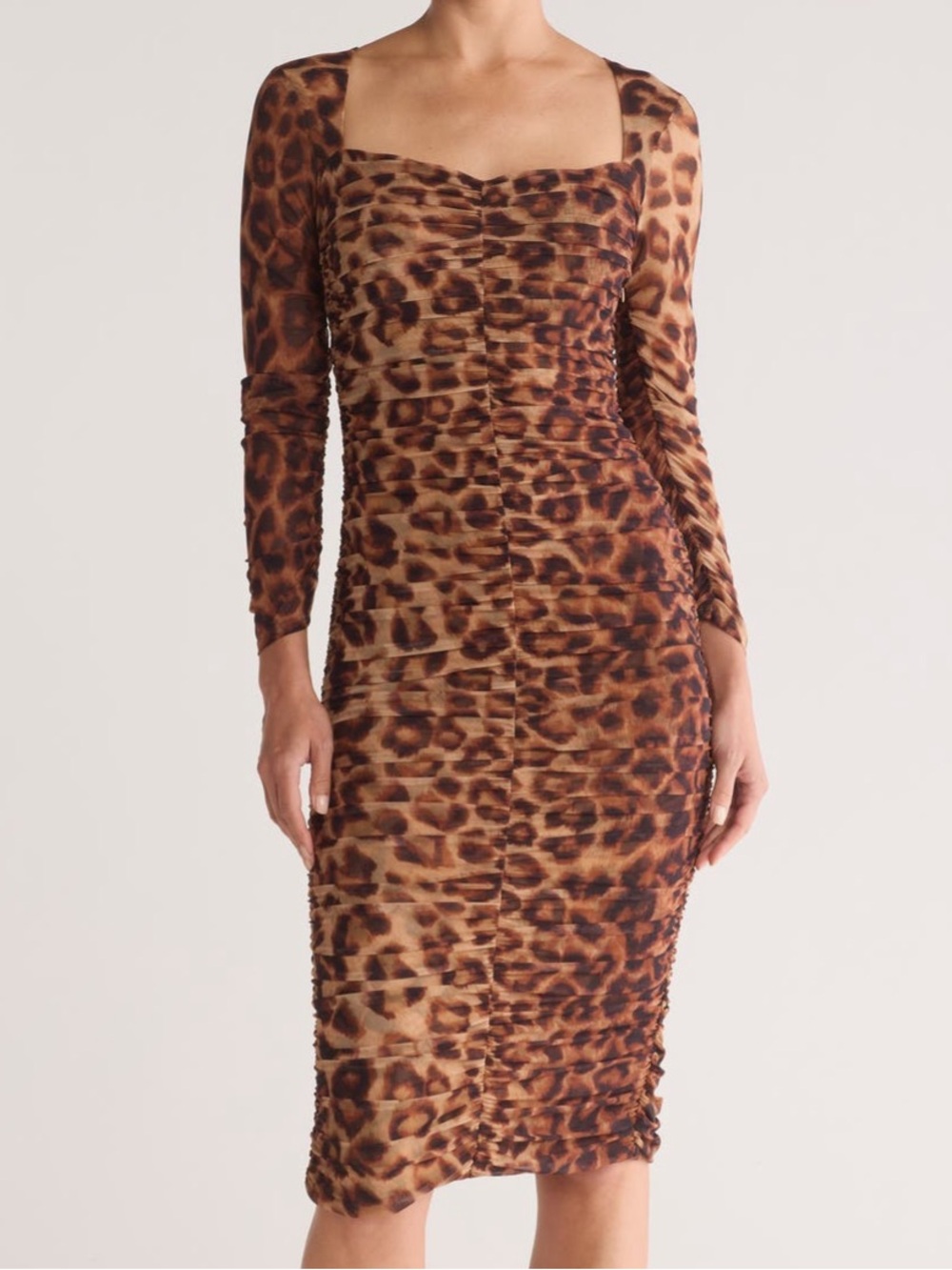 L'AGENCE Marise Ruched Long Sleeve Brown Leopard Print Midi Dress Size 4